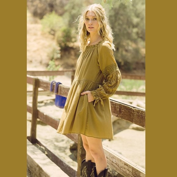 Listicle Moss Mini Dress • NWT • Green • Lace Cotton • Ruffles • Pockets • Boho - Picture 3 of 7